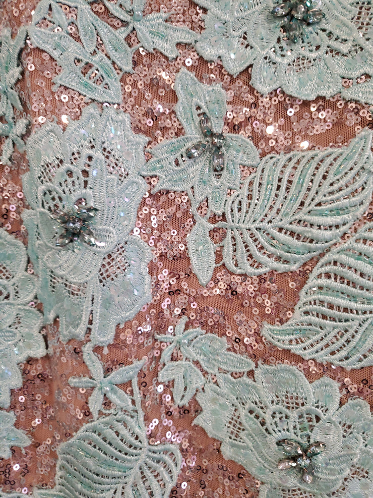 GREEN/TAN LONG EVENING GOWN