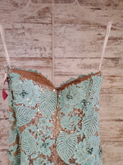 GREEN/TAN LONG EVENING GOWN