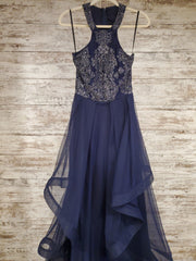 NAVY RUFFLED A LINE GOWN