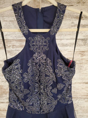 NAVY RUFFLED A LINE GOWN