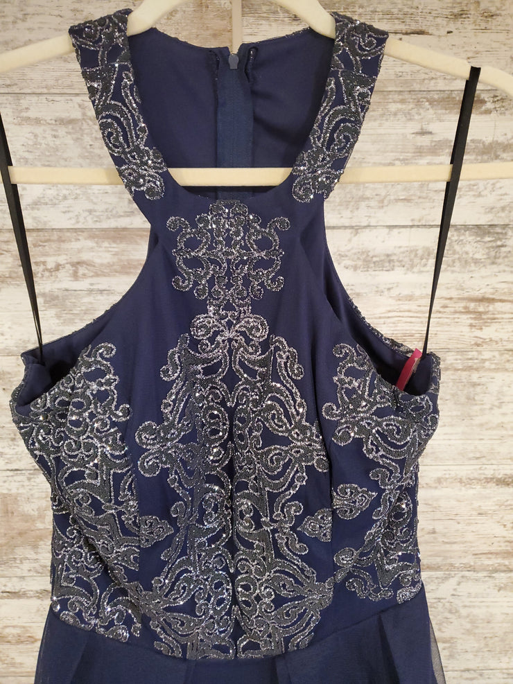 NAVY RUFFLED A LINE GOWN