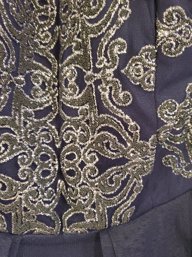 NAVY RUFFLED A LINE GOWN