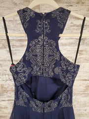 NAVY RUFFLED A LINE GOWN