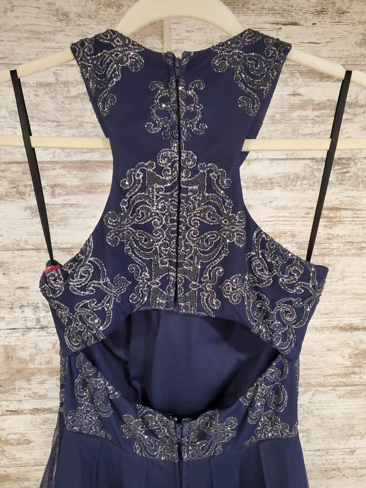 NAVY RUFFLED A LINE GOWN