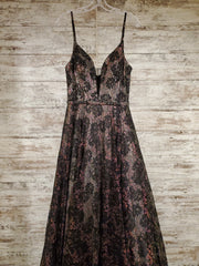 BLACK/GOLD FLORAL A LINE GOWN