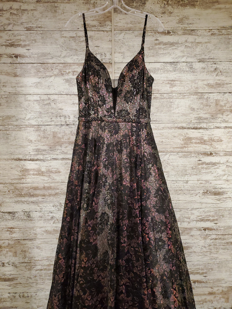BLACK/GOLD FLORAL A LINE GOWN