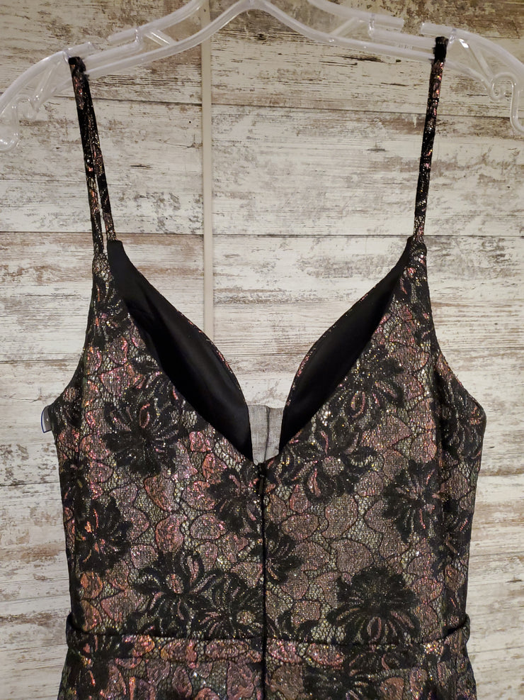 BLACK/GOLD FLORAL A LINE GOWN