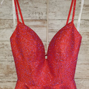 RED BEADED A LINE GOWN