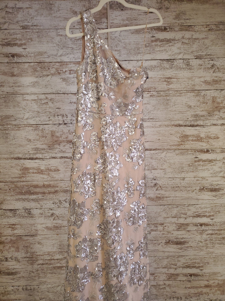 TAN/SILVER ONE SHOULDER GOWN