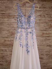 WHITE/BLUE FLORAL A LINE GOWN