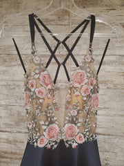 NAVY/FLORAL A LINE GOWN