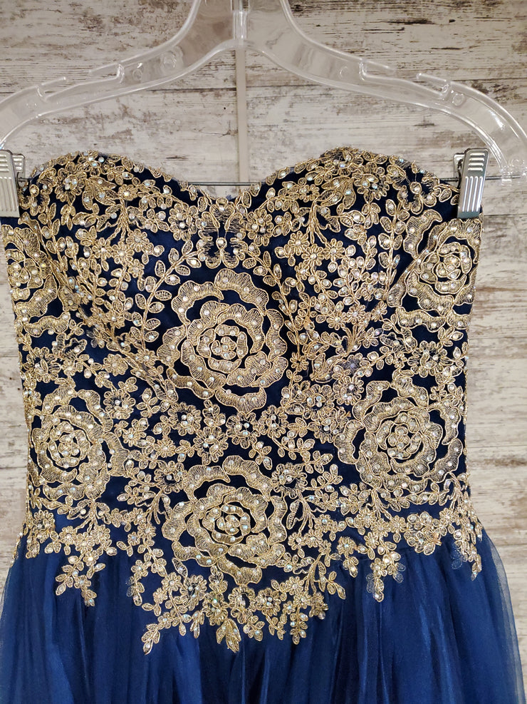 NAVY/GOLD PRINCESS A LINE GOWN