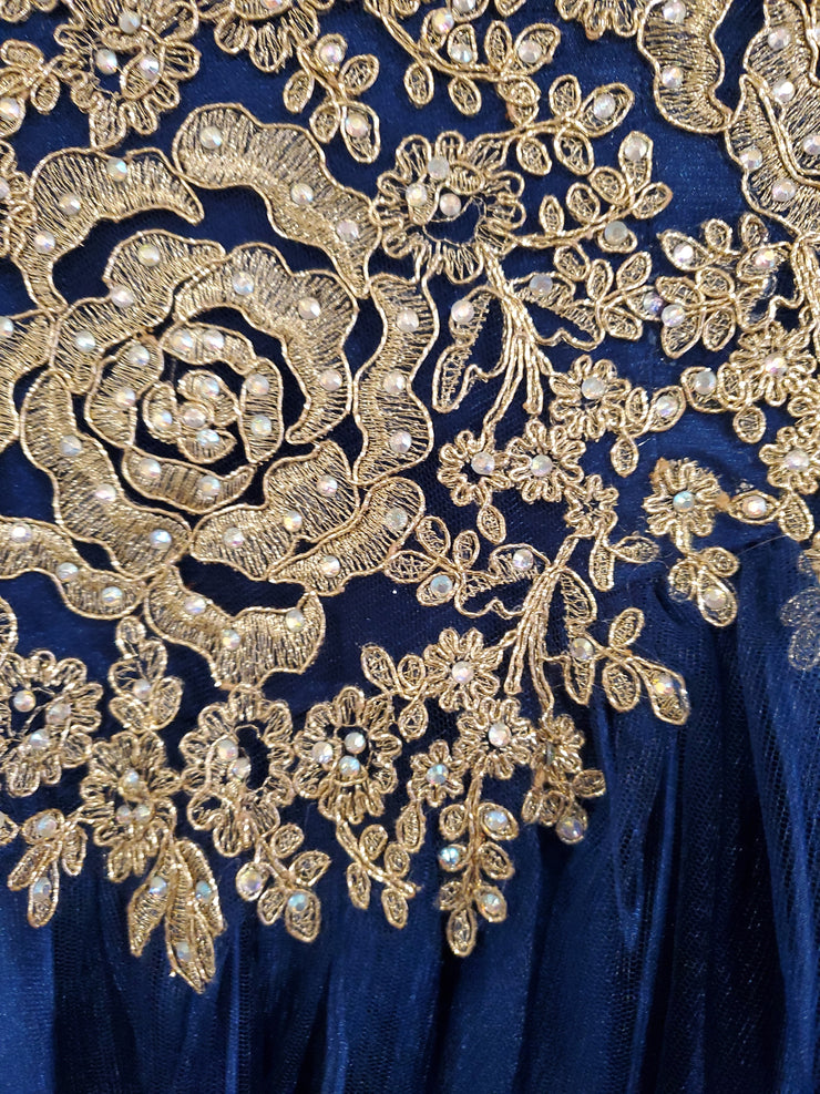 NAVY/GOLD PRINCESS A LINE GOWN