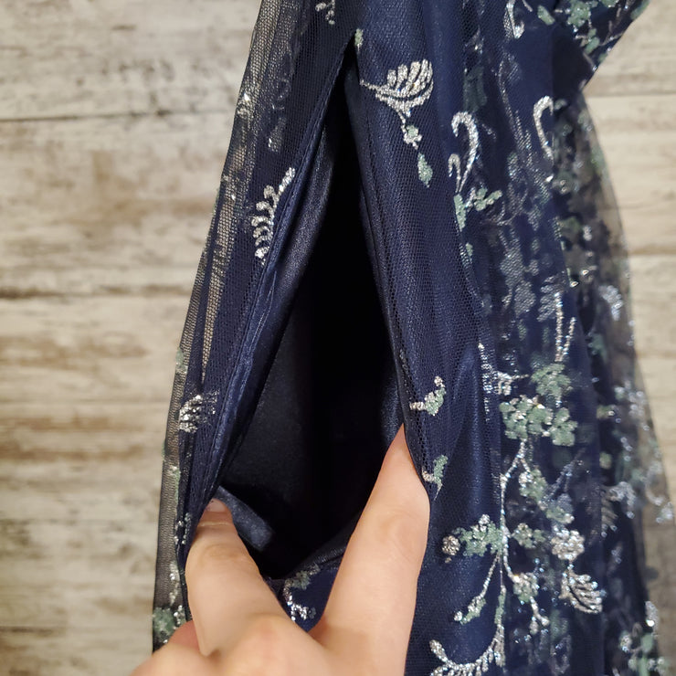 NAVY/FLORAL A LINE GOWN