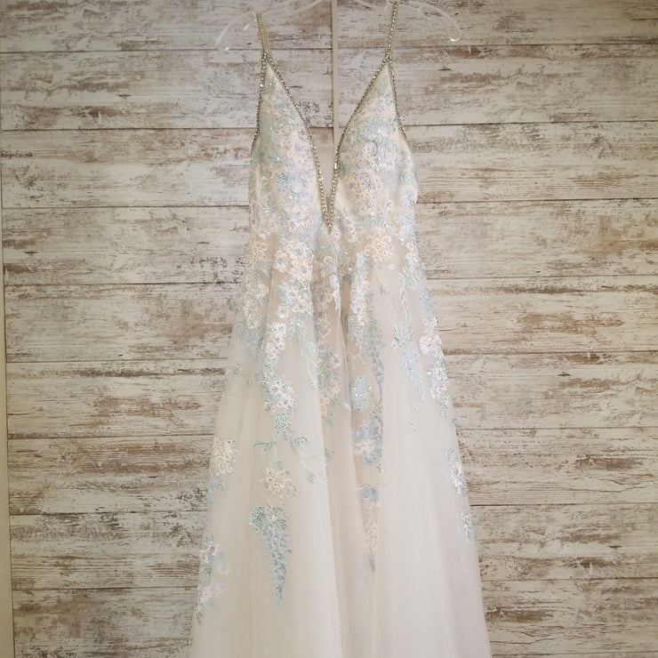 IVORY/BLUE FLORAL A LINE GOWN