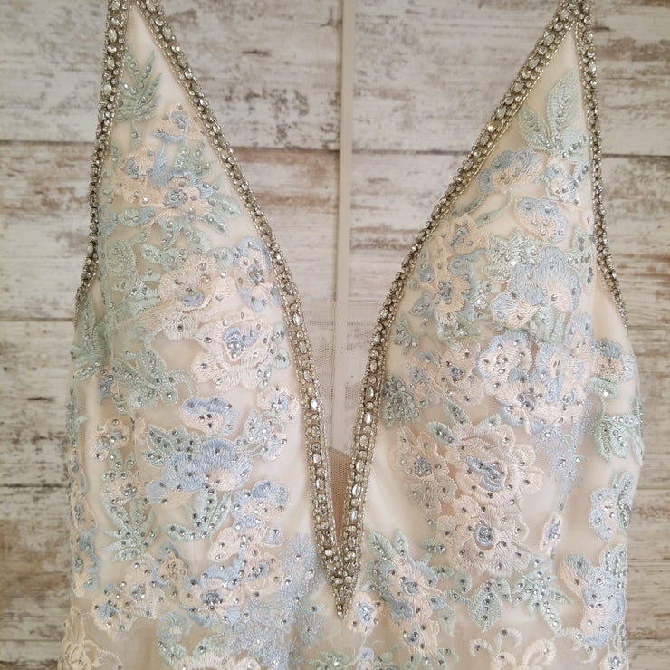 IVORY/BLUE FLORAL A LINE GOWN