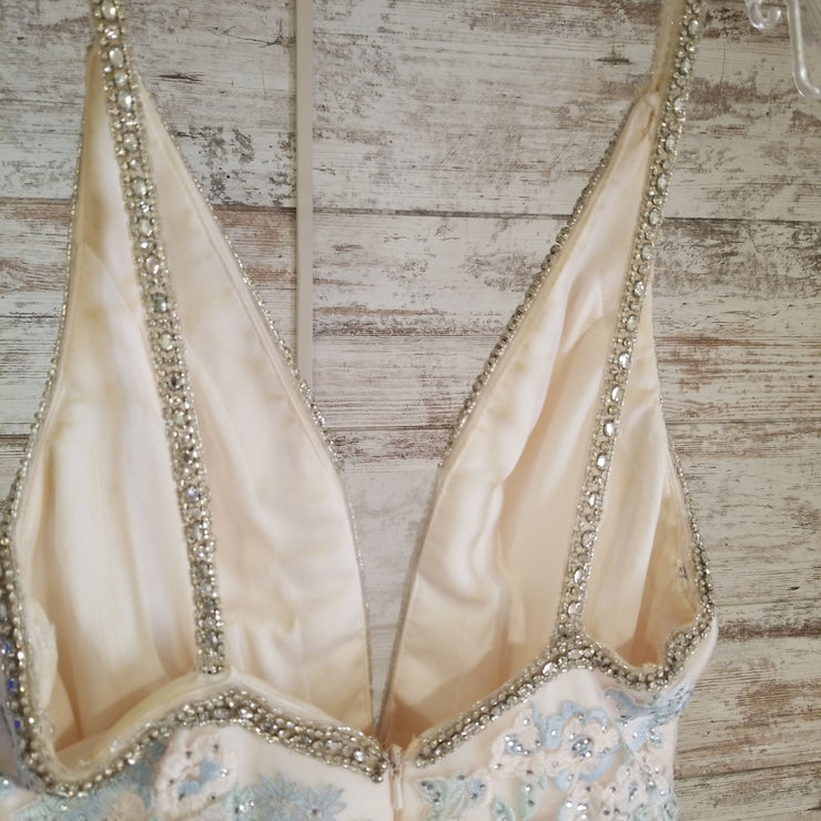 IVORY/BLUE FLORAL A LINE GOWN