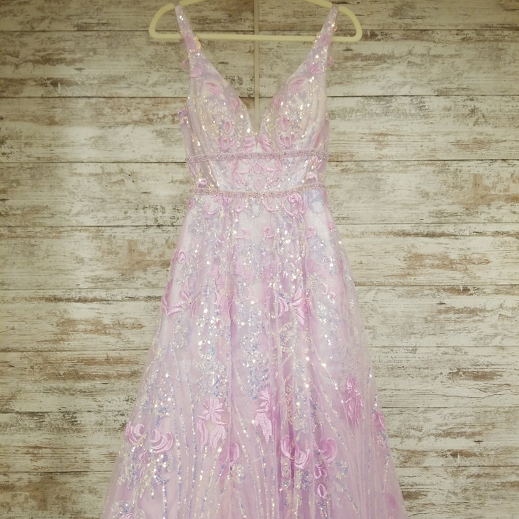 PINK/FLORAL SPARKLY A LINE GOWN