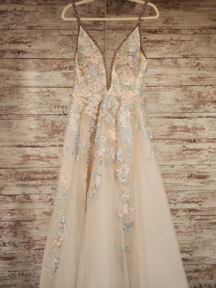 IVORY/BLUE FLORAL A LINE GOWN