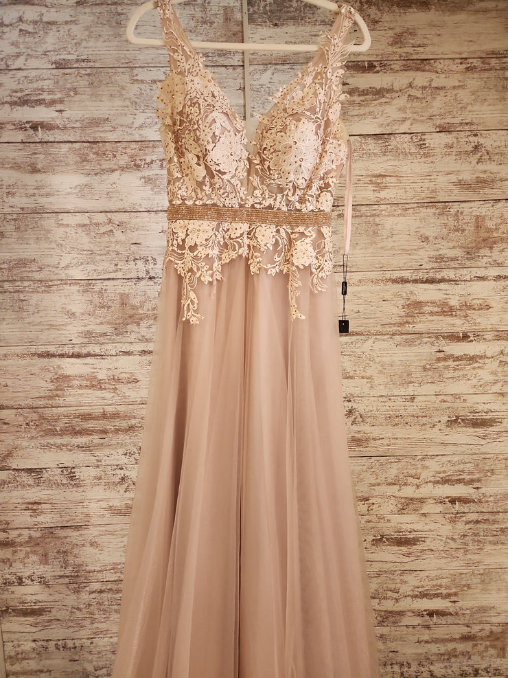 TAN/FLORAL A LINE GOWN