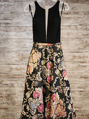 BLACK/GOLD FLORAL A LINE GOWN