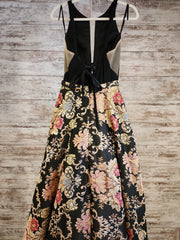 BLACK/GOLD FLORAL A LINE GOWN