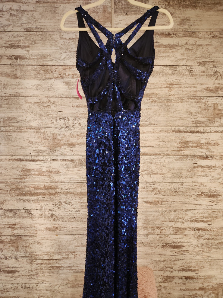 NAVY SEQUIN LONG EVENING GOWN