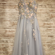 BLUE/GRAY FLORAL A LINE GOWN