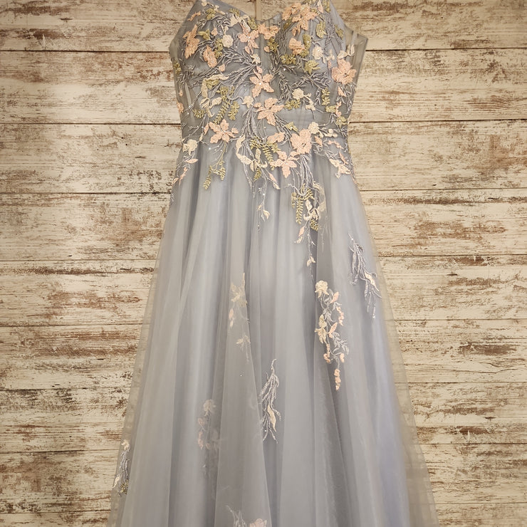BLUE/GRAY FLORAL A LINE GOWN