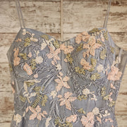 BLUE/GRAY FLORAL A LINE GOWN
