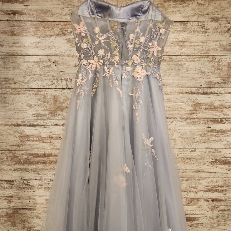 BLUE/GRAY FLORAL A LINE GOWN
