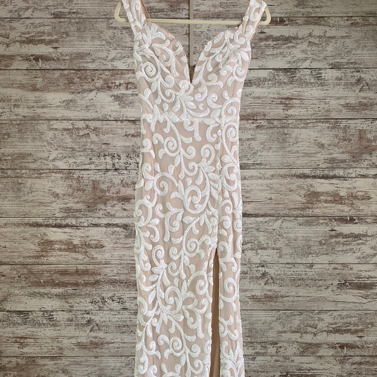 WHITE/TAN SPARKLY LONG DRESS