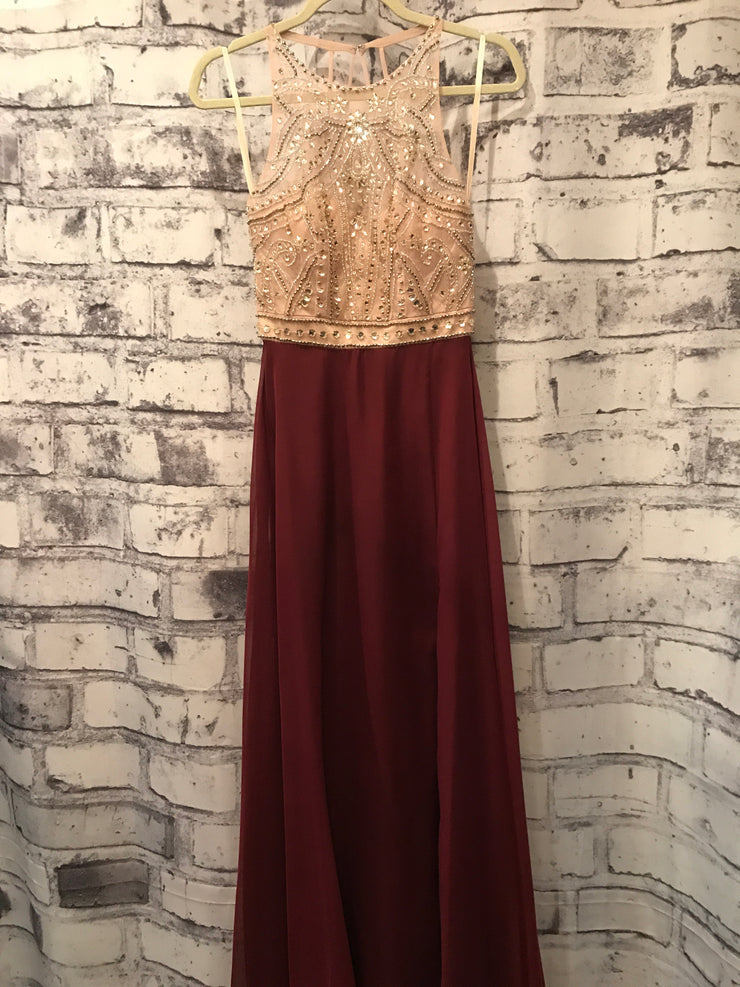 BURGUNDY/TAN LONG EVENING GOWN Savvy Seconds Boutique BURGUNDY/TAN LONG EVENING GOWN Savvy Seconds Boutique