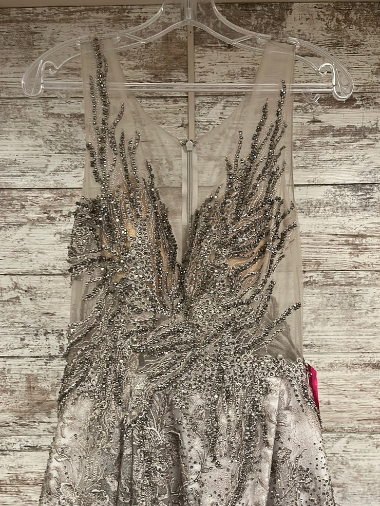 GRAY/FLORAL BEADED A LINE GOWN
