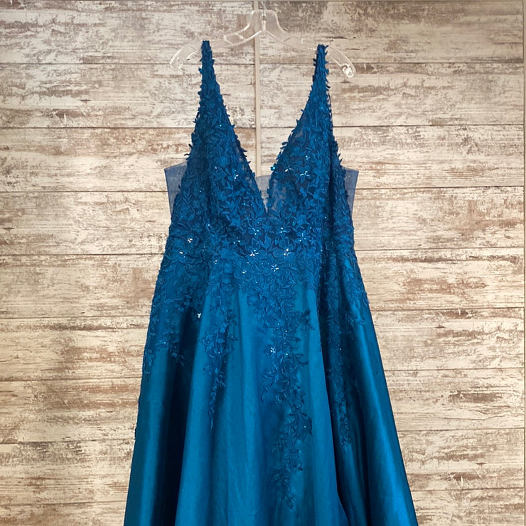 TEAL/FLORAL A LINE GOWN