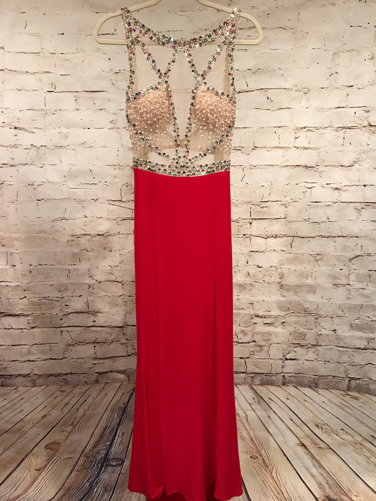RED MESH LONG EVENING GOWN