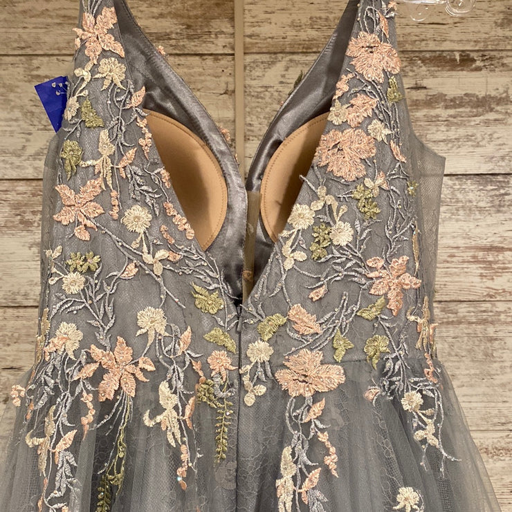 GRAY/FLORAL A LINE GOWN