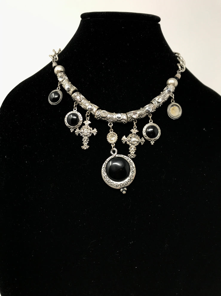 SILVER CROSS/BLACK CHARM NECK