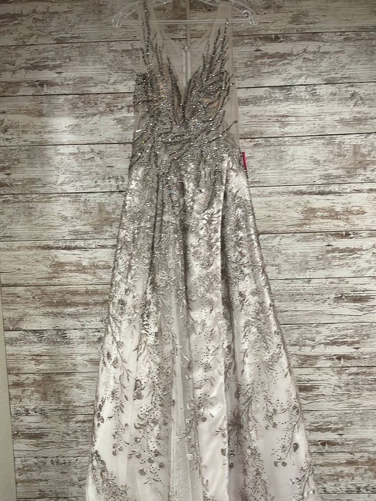 GRAY/FLORAL BEADED A LINE GOWN