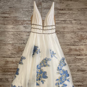 WHITE/BLUE FLORAL A LINE GOWN