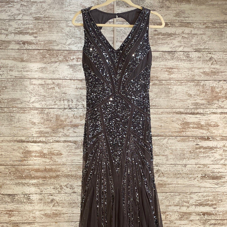 GRAY BEADED LONG EVENING GOWN