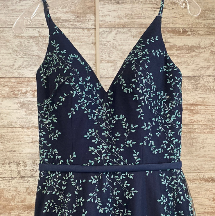 NAVY/GREEN FLORAL A LINE GOWN