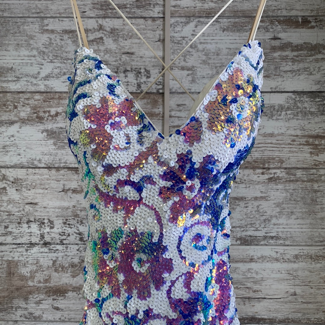 BLUE/WHITE SEQUIN LONG DRESS  Savvy Seconds Boutique