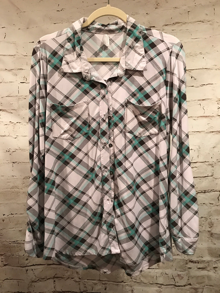 WHITE/GREEN PLAID LONG SLEEVE TOP