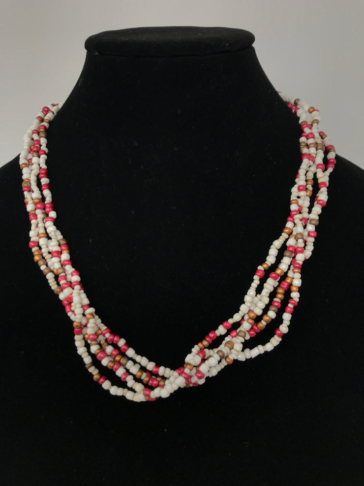 WHITE/RED/BROWN BEAD NECKLACE