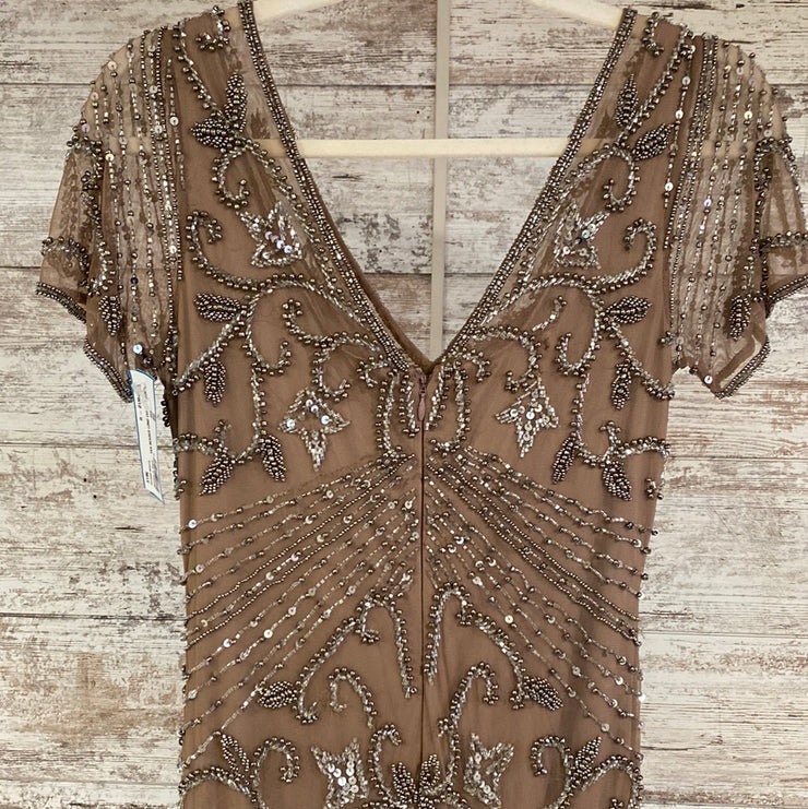 TAN BEADED LONG EVENING GOWN