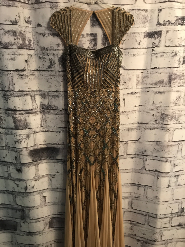 TAN/SILVER BEADED LONG GOWN