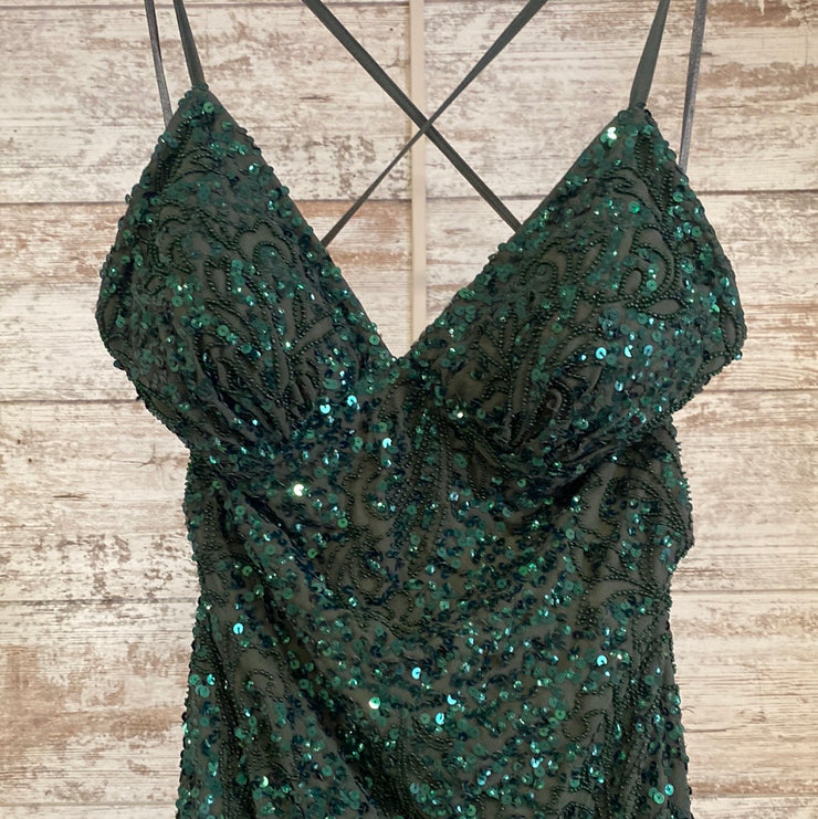 GREEN SEQUIN/BEADED LONG DRESS