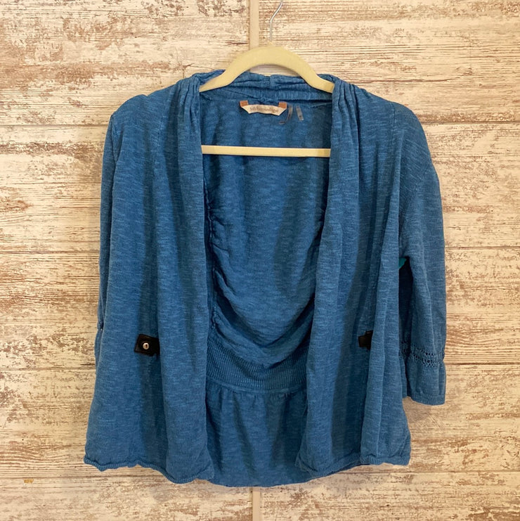 BLUE W/ROUCHING CARDIGAN $110