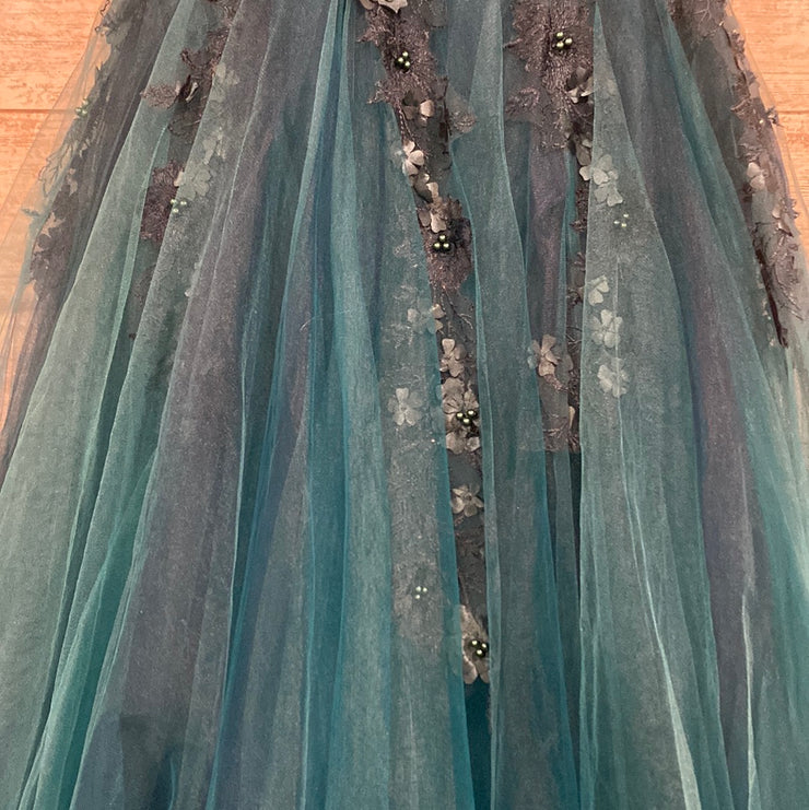 TEAL FLORAL A LINE GOWN $770